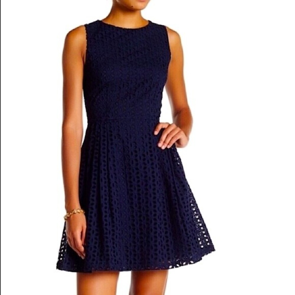 CeCe Cynthia Steffe Claiborne Eyelet A Line Dress Navy Blue Size 4 Preppy Mini